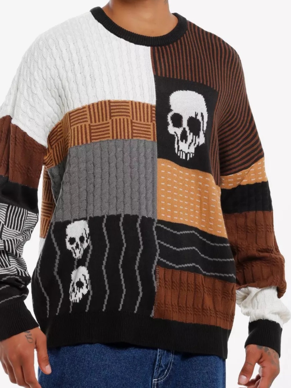 Hot Topic Skull Patchwork Sweater Large Goth Grunge Y2K Oversized Knit